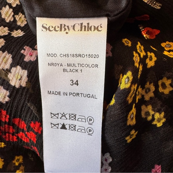 See by Chloe 34 (US 4) 100% Silk Black Floral Dress ~ Sheer Ruffle Cocktail - Picture 10 of 11